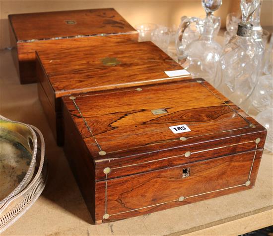 MOP inlaid rosewood jewellery box, writing box and a box